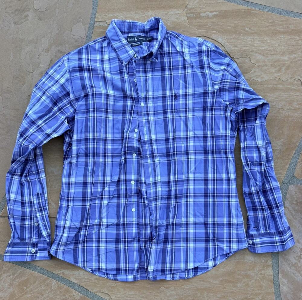 Ralph Lauren Custom Fit Stretch Oxford Blue/White Plaid Button-Down Shirt XL CB